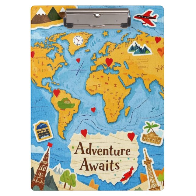 World Map Heart Pins Adventure Awaits  Clipboard (Front)