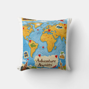World Map Heart Pins Adventure Awaits Cushion