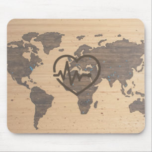 World Map Heartbeat woodgrain Mouse Pad