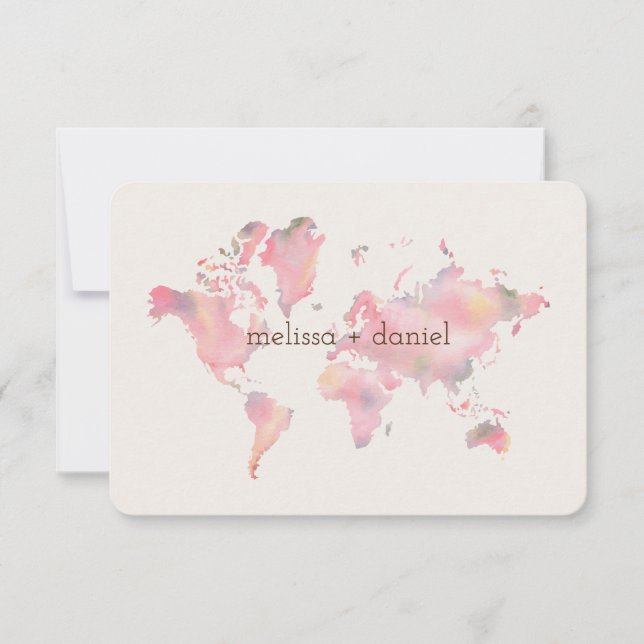 World Map in Pink Shades for Wedding or Event Invitation (Front)