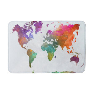 World Map In Watercolor Bath Mat
