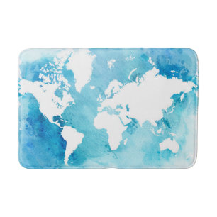 World Map In Watercolor Blues Bath Mat