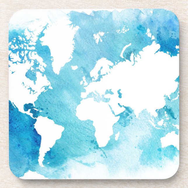 World Map In Watercolor Blues Coaster (Front)