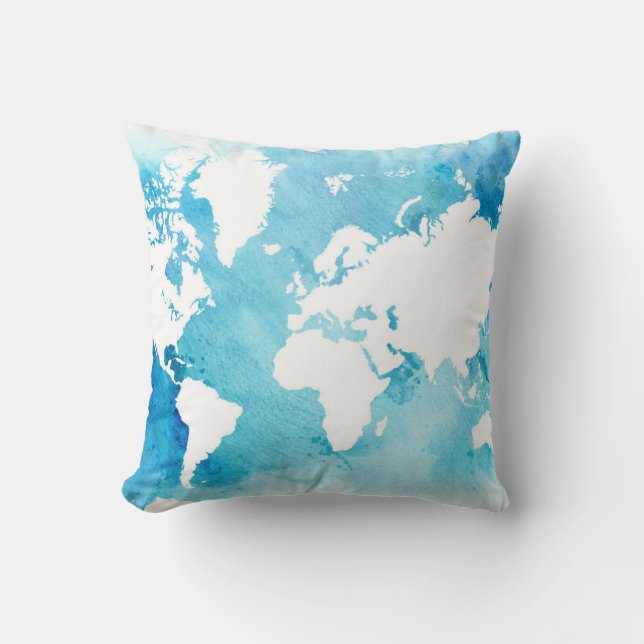 World Map In Watercolor Blues Cushion (Front)
