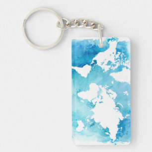World Map In Watercolor Blues Key Ring