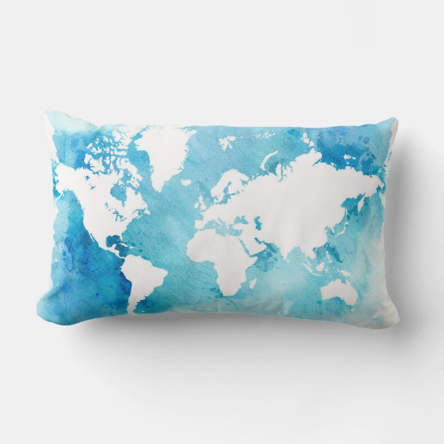 World Map In Watercolor Blues Lumbar Cushion (Front)