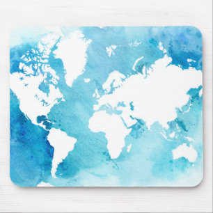 World Map In Watercolor Blues Mouse Pad