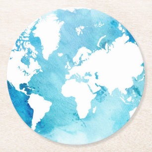 World Map In Watercolor Blues Round Paper Coaster