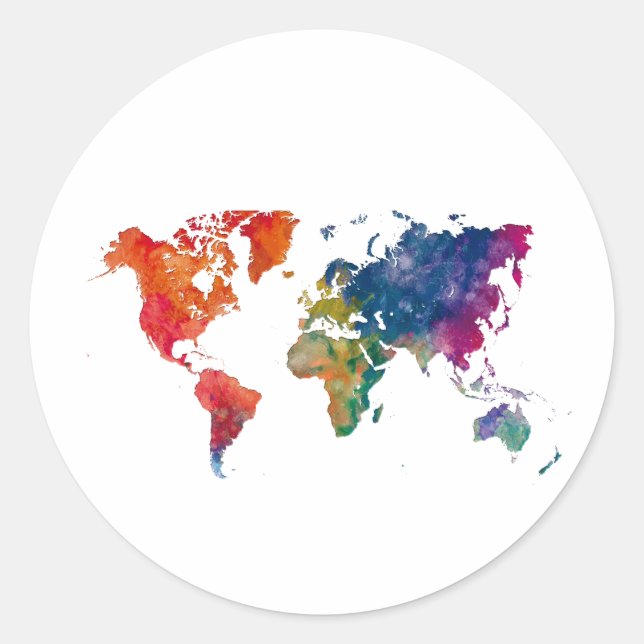 World map in watercolor classic round sticker (Front)
