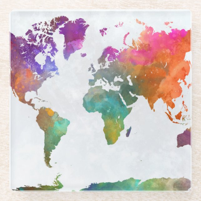 World Map In Watercolor Glass Coaster (Front)