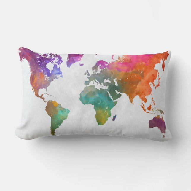 World Map In Watercolor Lumbar Cushion (Front)