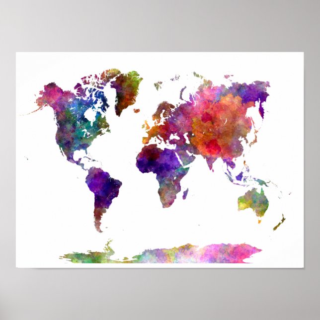 World map in watercolor purple and blue poster (Front)
