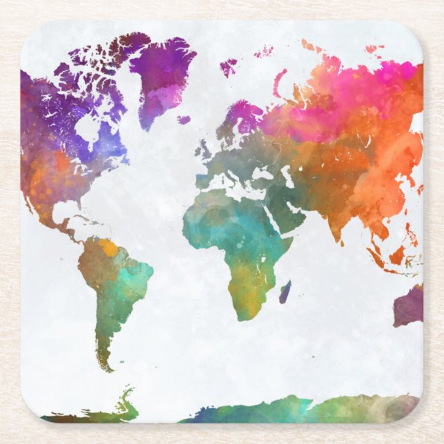World Map In Watercolor Square Paper Coaster (Front)