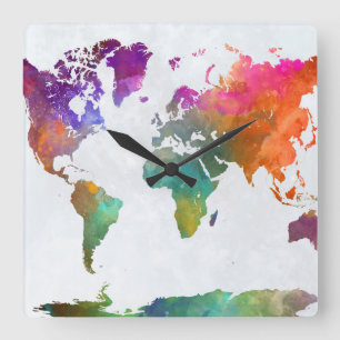 World Map In Watercolor Square Wall Clock