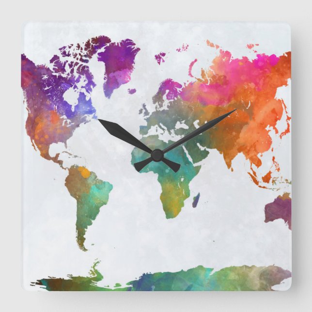 World Map In Watercolor Square Wall Clock (Front)