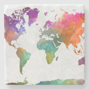 World Map In Watercolor Stone Coaster