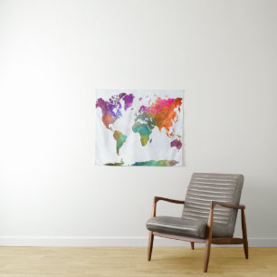 World Map In Watercolor Tapestry