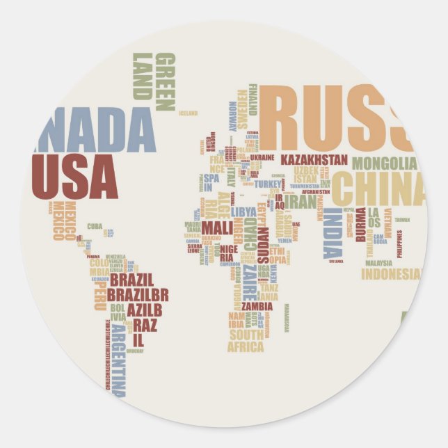 World map in words classic round sticker (Front)