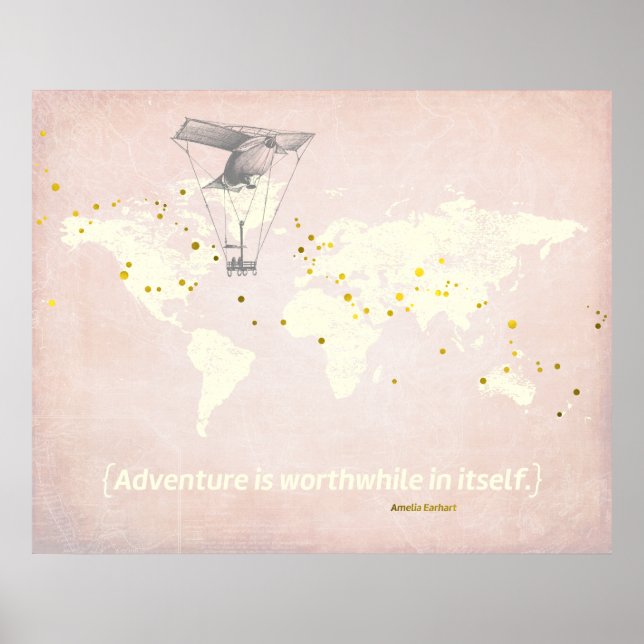 World Map, Inspirational Quote & Faux Gold Foil Poster (Front)