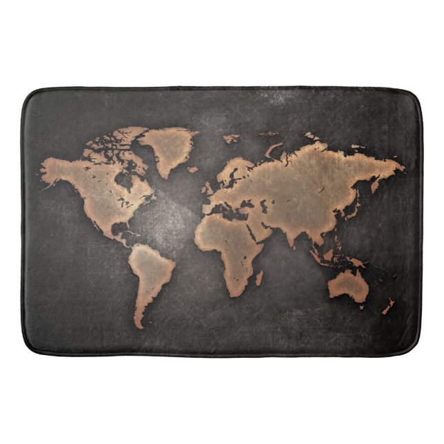 World map leather geographical brown bath mat (Front)