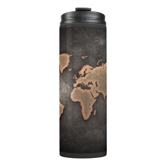 World map leather geographical brown thermal tumbler (Front)