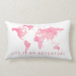 World Map Life is an Adventure Baby Kids Lumbar Cushion<br><div class="desc">Pink Watercolor paint texture world map throw pillow with custom "Life is an Adventure" saying that can be personalized with any inspirational travel theme quote you want for a little girl's bedroom or baby nursery with a worldly international theme. Click 'customize further' to change the fonts, text placement, and background...</div>