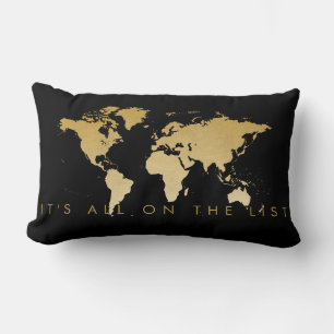 World Map Love To Travel Black and Gold Lumbar Cushion