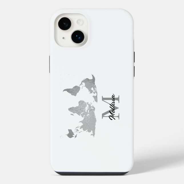 World Map Monogram Name Traveller Custom Grey Whit iPhone Case (Back)