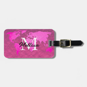 World Map Monogram Pink Purple Rose Gold Glitter Luggage Tag
