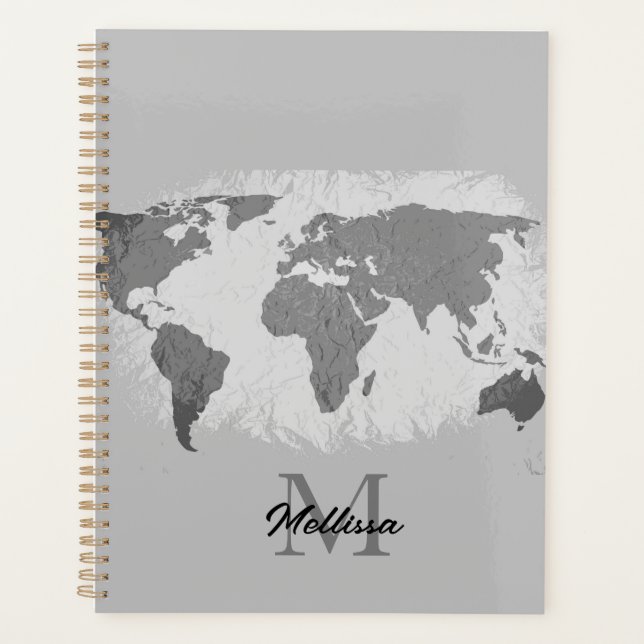 World Map Monogram Traveller Name Black White Grey Planner (Front)