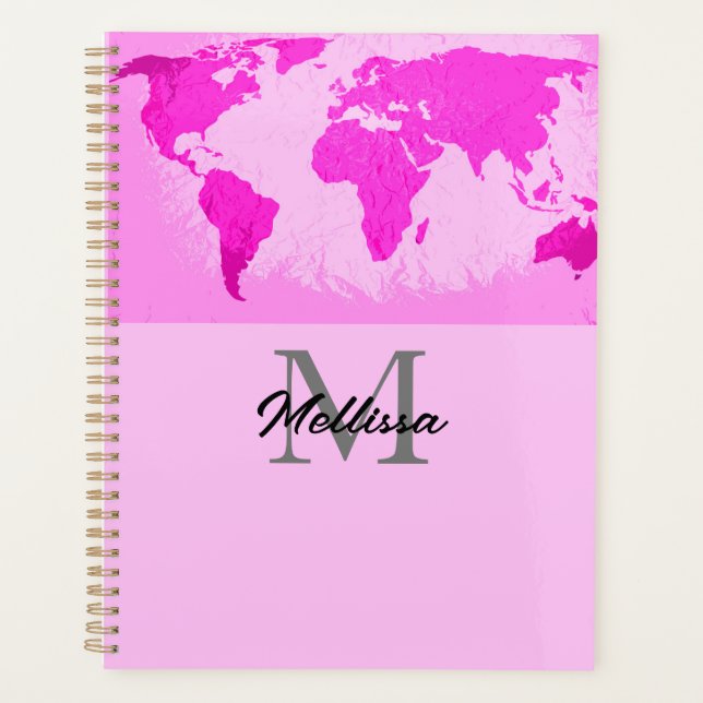 World Map Monograms Traveller Blush Pink Purple Planner (Front)