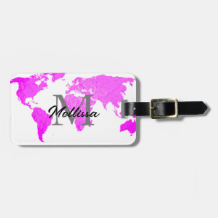 World Map Monograms Traveller Pink Purple White Luggage Tag