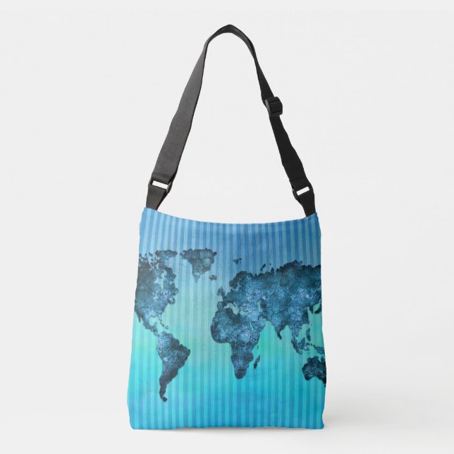 World Map | Neon Blue Stripes Crossbody Bag (Front)
