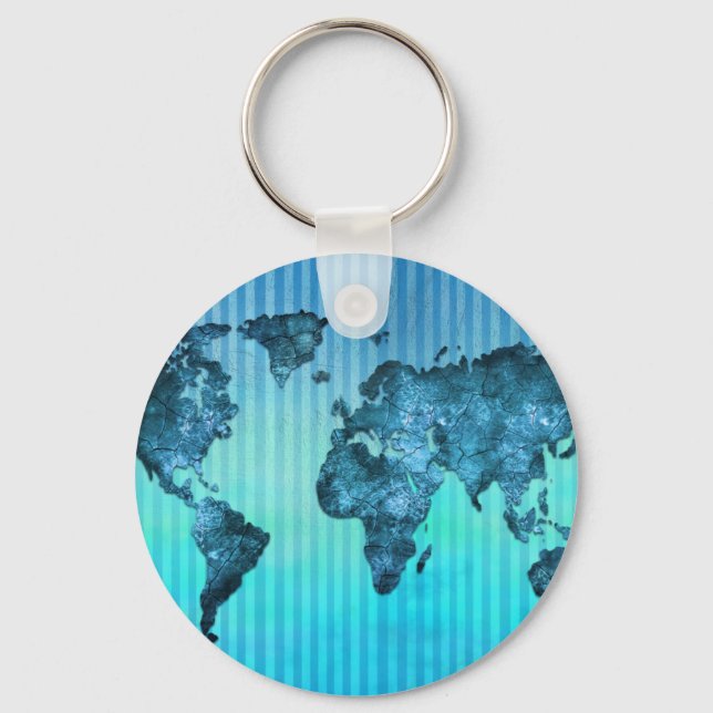 World Map | Neon Blue Stripes Key Ring (Front)