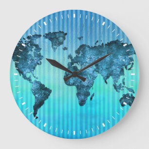 World Map Neon Blue Stripes Large Clock