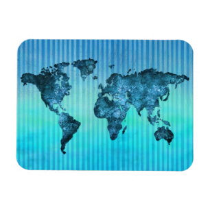 World Map Neon Blue Stripes Magnet