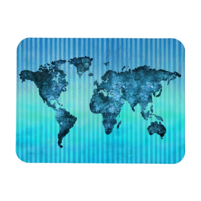 World Map | Neon Blue Stripes Magnet (Horizontal)