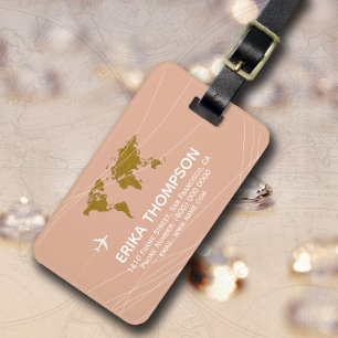 World Map on Dusty Rose Custom Traveller Name Luggage Tag