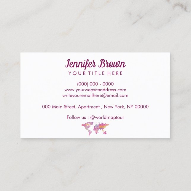 World Map Pink Burgundy Business Card (Back)