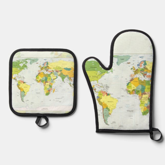 World Map Political Atlas Poster: Modern Decor Oven Mitt & Pot Holder Set (Front)