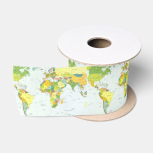 World Map Political Atlas Poster: Modern Decor Satin Ribbon