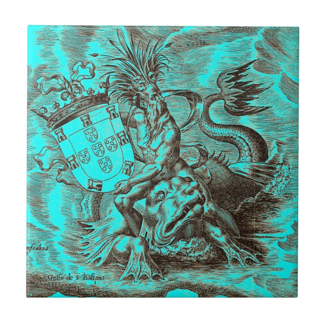 World Map Poseidon Riding Dolphin Tile (Front)