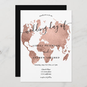 World map rose gold foil chic script wedding invitation