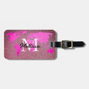 World Map Rose Gold Glitter Monogram Traveller Pin Luggage Tag