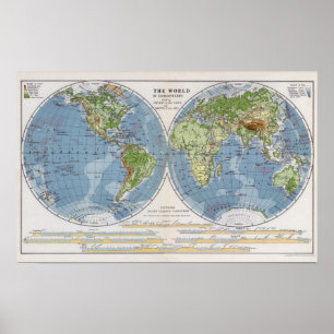 World Map showing Heights of Land depth of Sea Poster