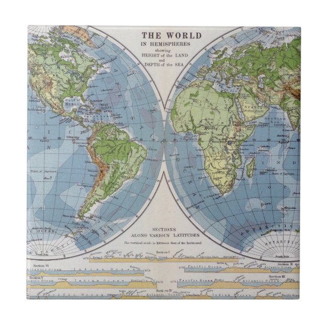 World Map showing Heights of Land depth of Sea Tile (Front)