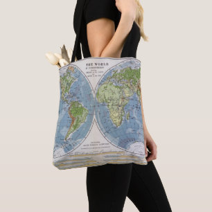 World Map showing Heights of Land depth of Sea Tote Bag