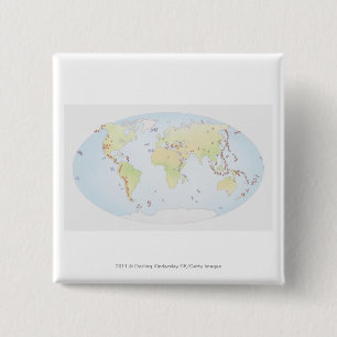 World map showing sites of volcanic activity 15 cm square badge