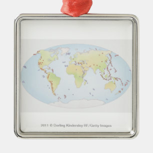 World map showing sites of volcanic activity metal tree decoration