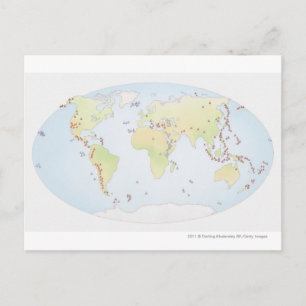 World map showing sites of volcanic activity postcard